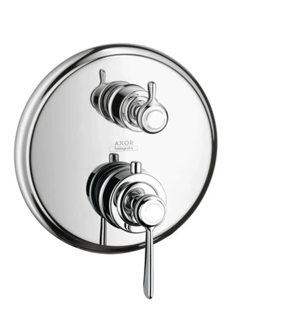 Thermostat-Unterputzarmatur mit zwei Reglern und Hebelgriff in Chrom, Markenname AXOR sichtbar, geeignet zur Wandmontage.